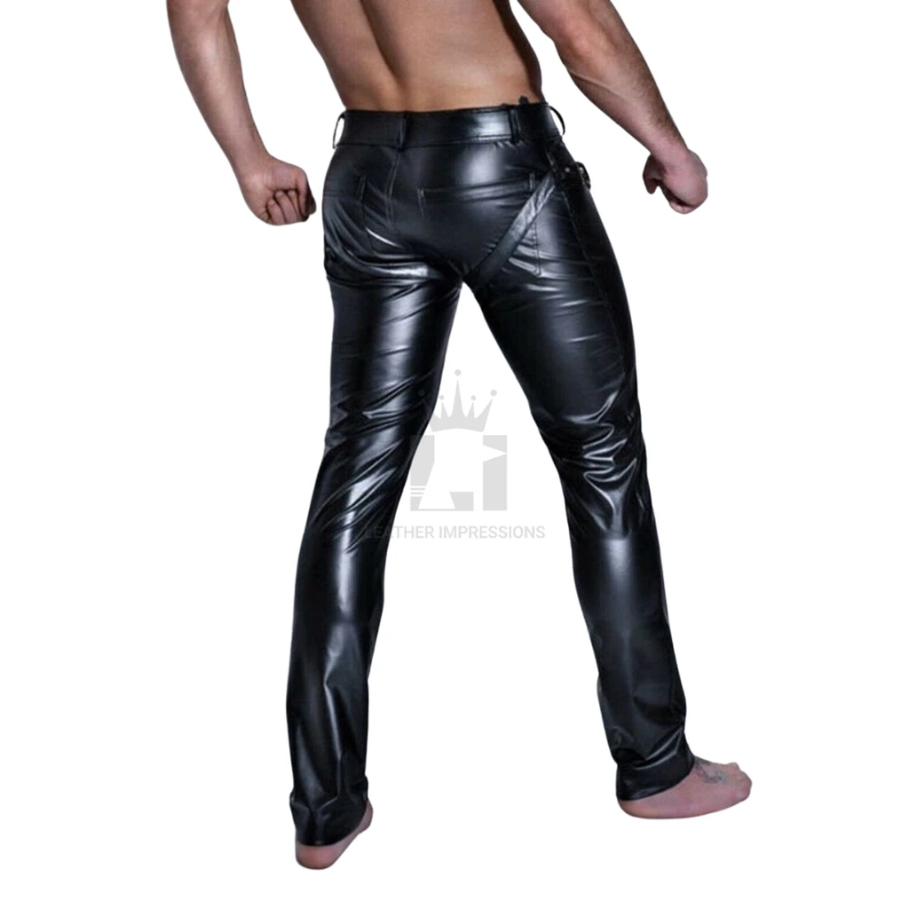 Rear view of men's black leather chaps showing the covered seat, belt loops, full-length leg panels and diagonal hip strap details.