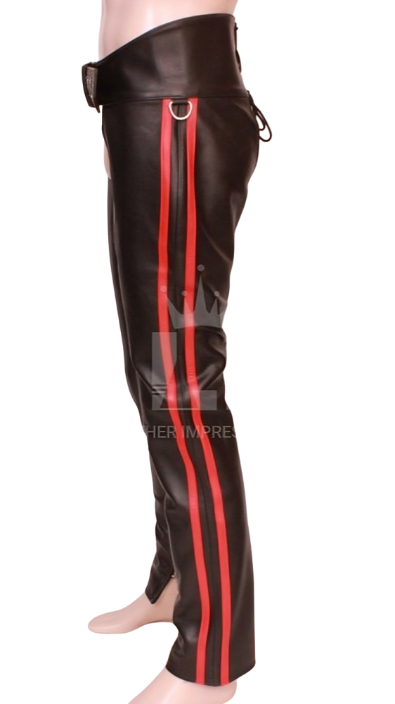 Side view of men's black leather chaps on a mannequin with twin red stripes, a hip D-ring, broad waistband and slit at the lower hem.