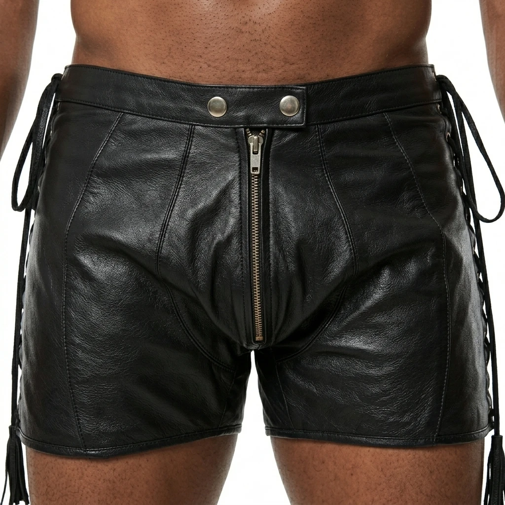 Front detail of men's black leather short shorts with a central metal zipper, double-snap waistband, shaped seams and side lace-up cords.