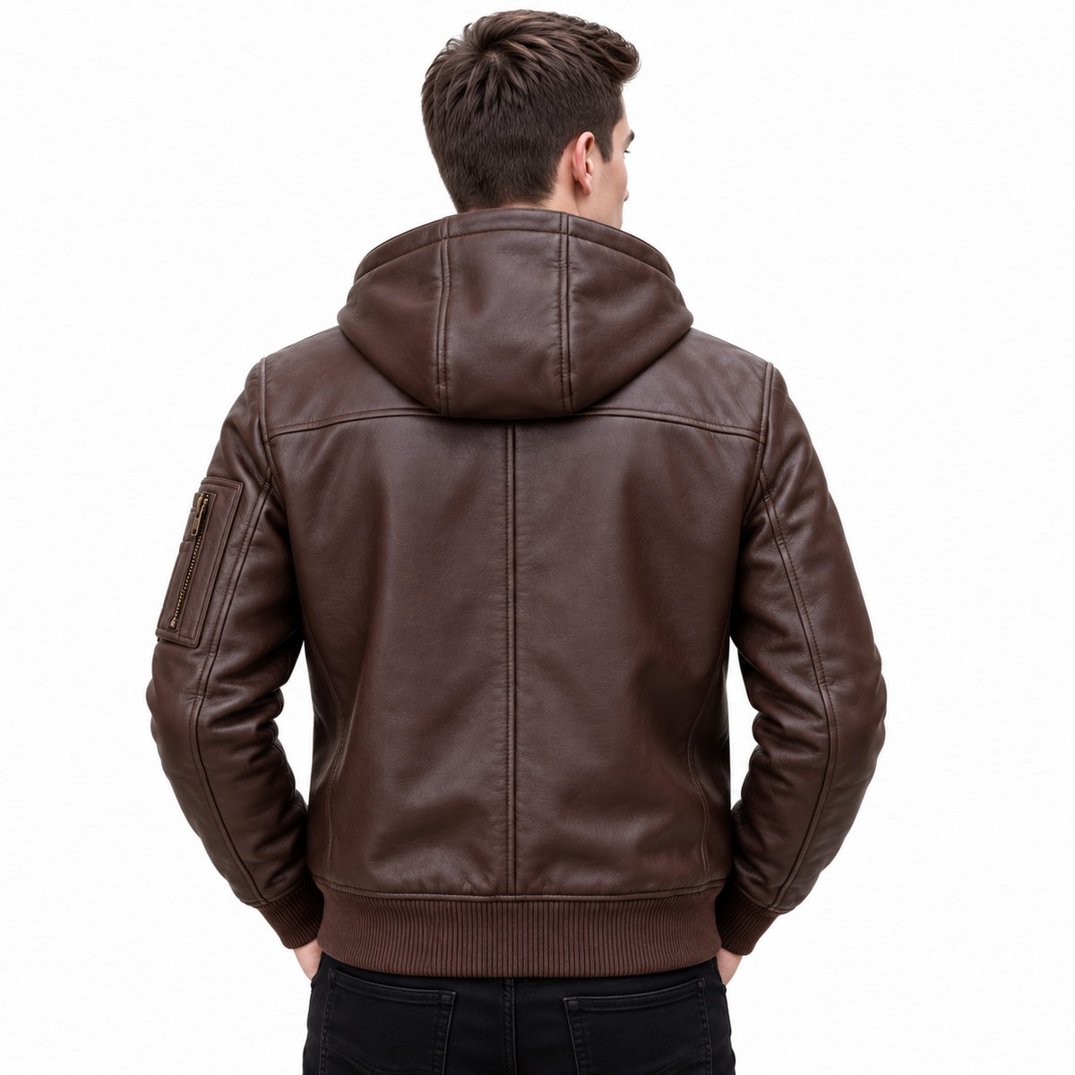 Men’s brown hooded leather bomber jacket rear view showing the leather hood, horizontal shoulder seam, center back seam and ribbed waistband.