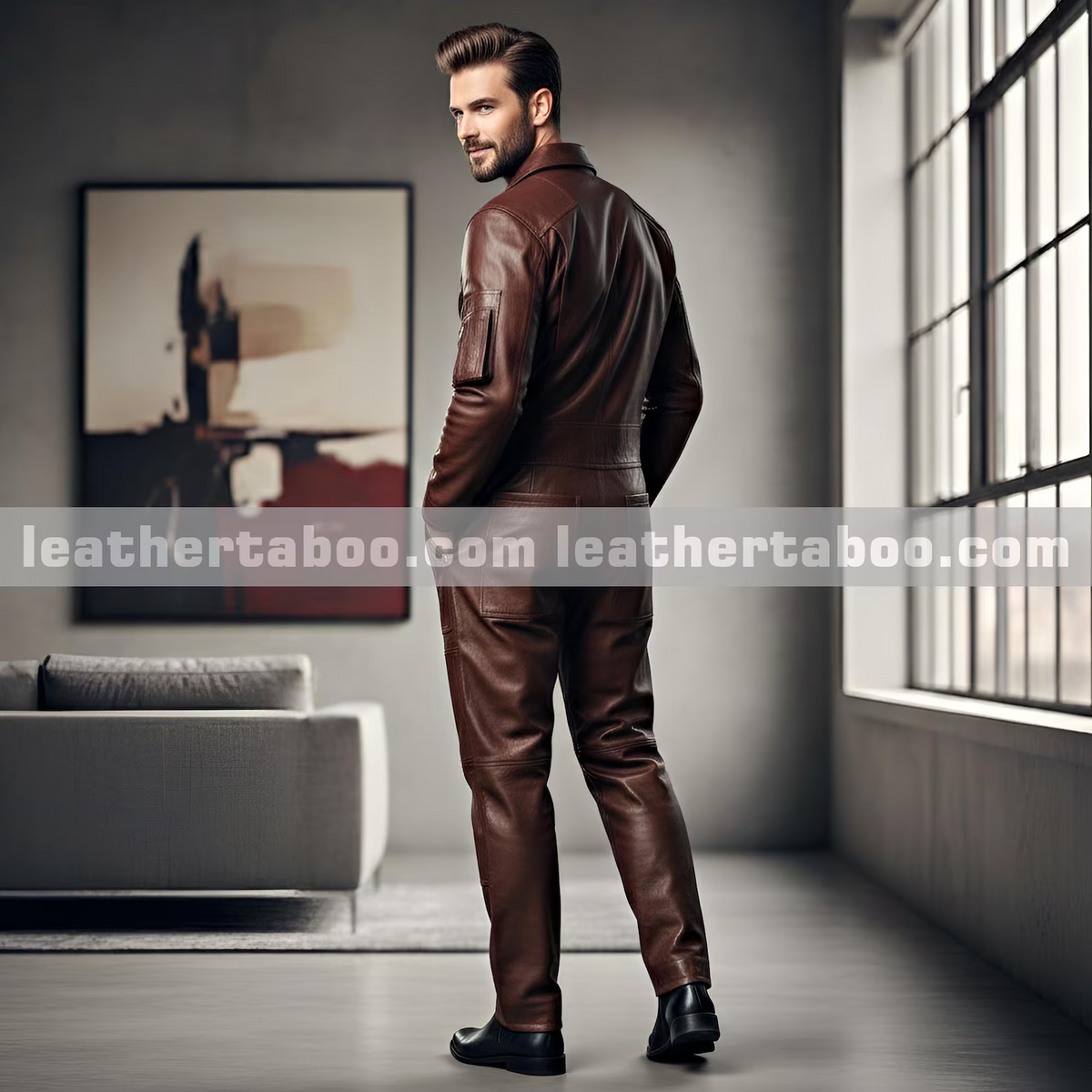 Men’s brown lambskin leather jumpsuit rear view showing long sleeves, defined waist, rear patch pockets and straight leg styling on a model.
