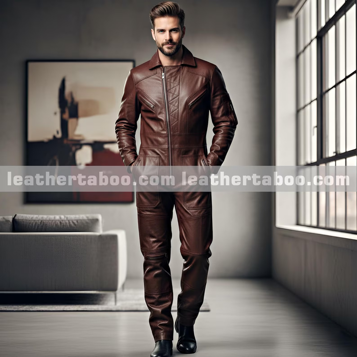 Men’s brown lambskin leather jumpsuit front view with pointed collar, front zipper, angled chest pockets and stitched leg panels on a model.