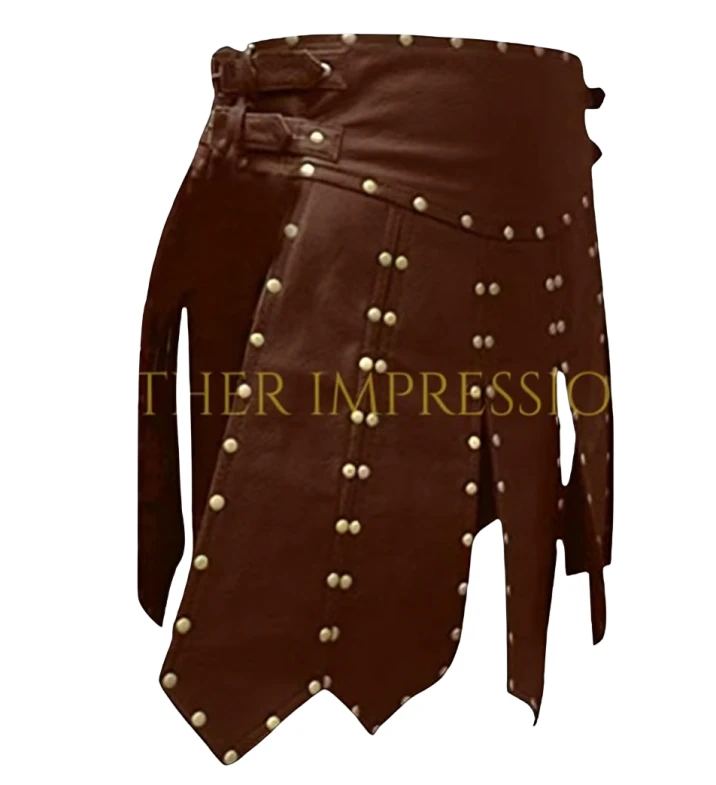 Angled view of men's brown leather gladiator kilt showing layered pointed panels, metal stud rows and buckle straps at the broad waist.
