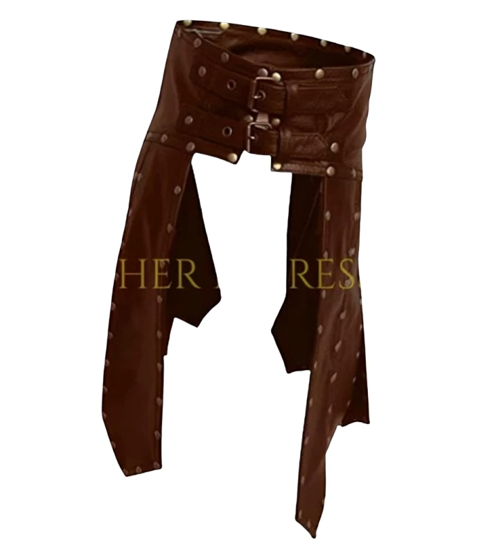 Side detail of men's brown leather gladiator kilt showing paired buckle straps, studded waist edges and separate pointed leather panels.