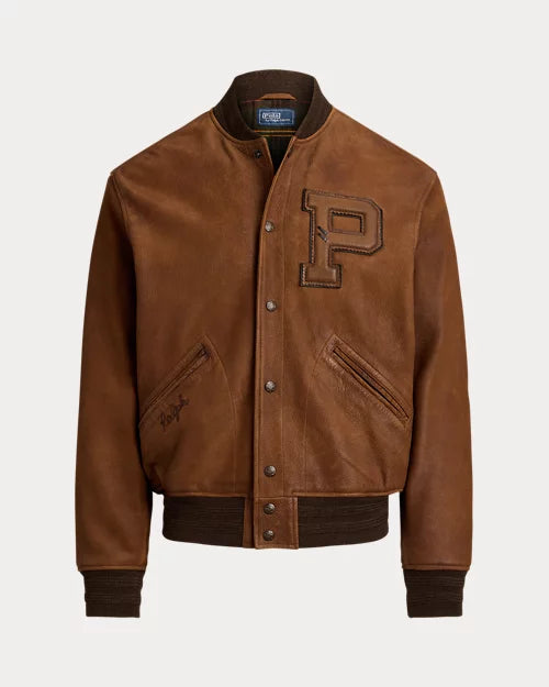 Front view of men's brown leather varsity jacket with a letter P chest patch, snap closure, angled welt pockets and dark brown ribbed trim.