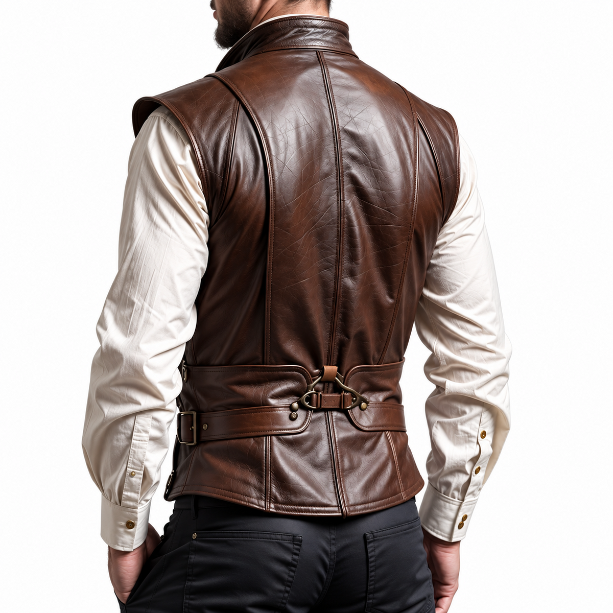 Men’s brown leather vest rear view showing vertical panel seams, a central decorative waist clasp and adjustable side buckle straps.