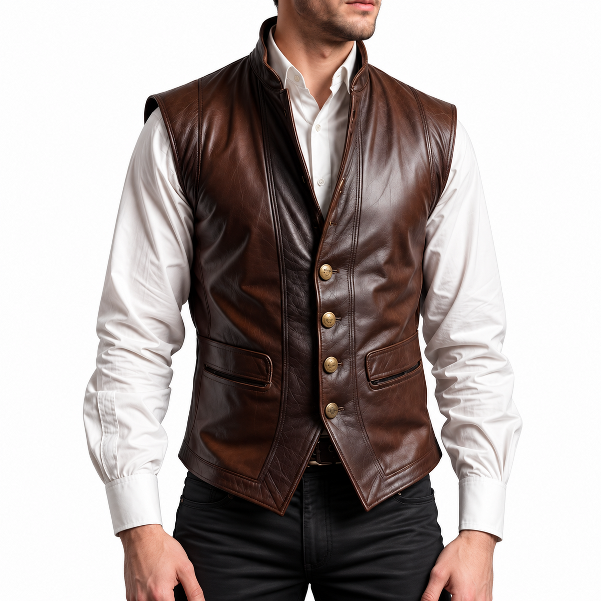 Men’s brown leather vest front view with stand collar, brass-tone buttons, welt pockets and a shaped hem over a white shirt.