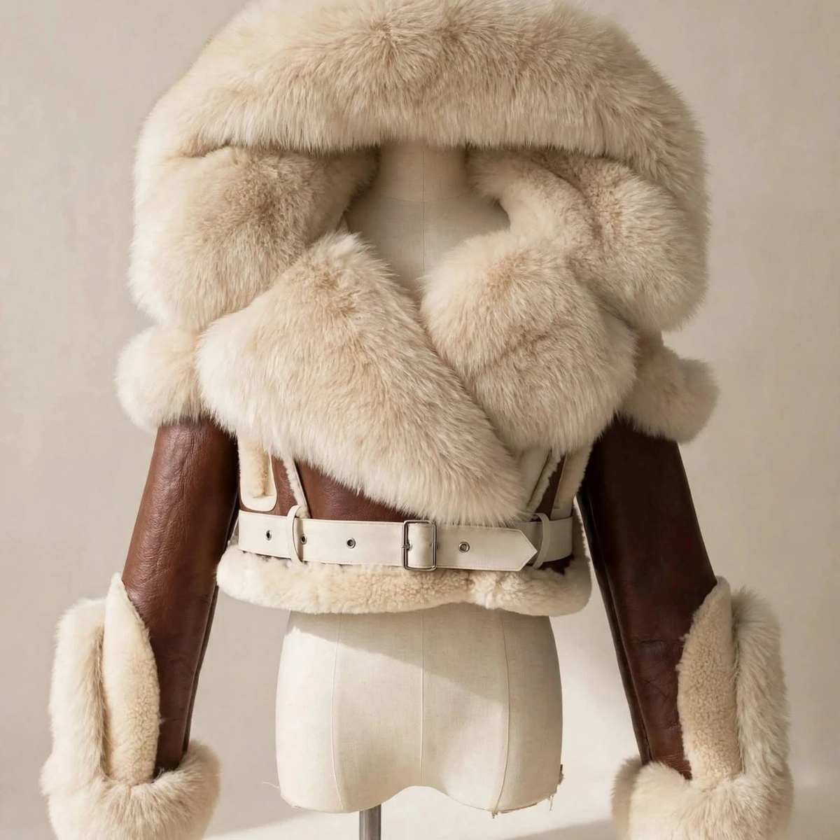 Men's cropped brown leather hooded jacket, front view with oversized cream plush trim, contrasting waist belt, and wide trimmed cuffs.