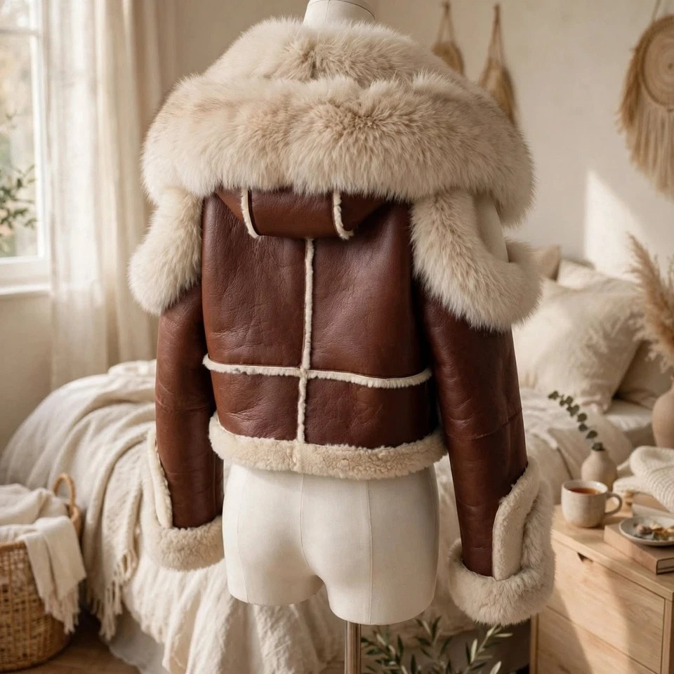 Men's cropped brown leather hooded jacket, back view showing oversized hood trim, cream panel seams, and plush hem and cuff accents.