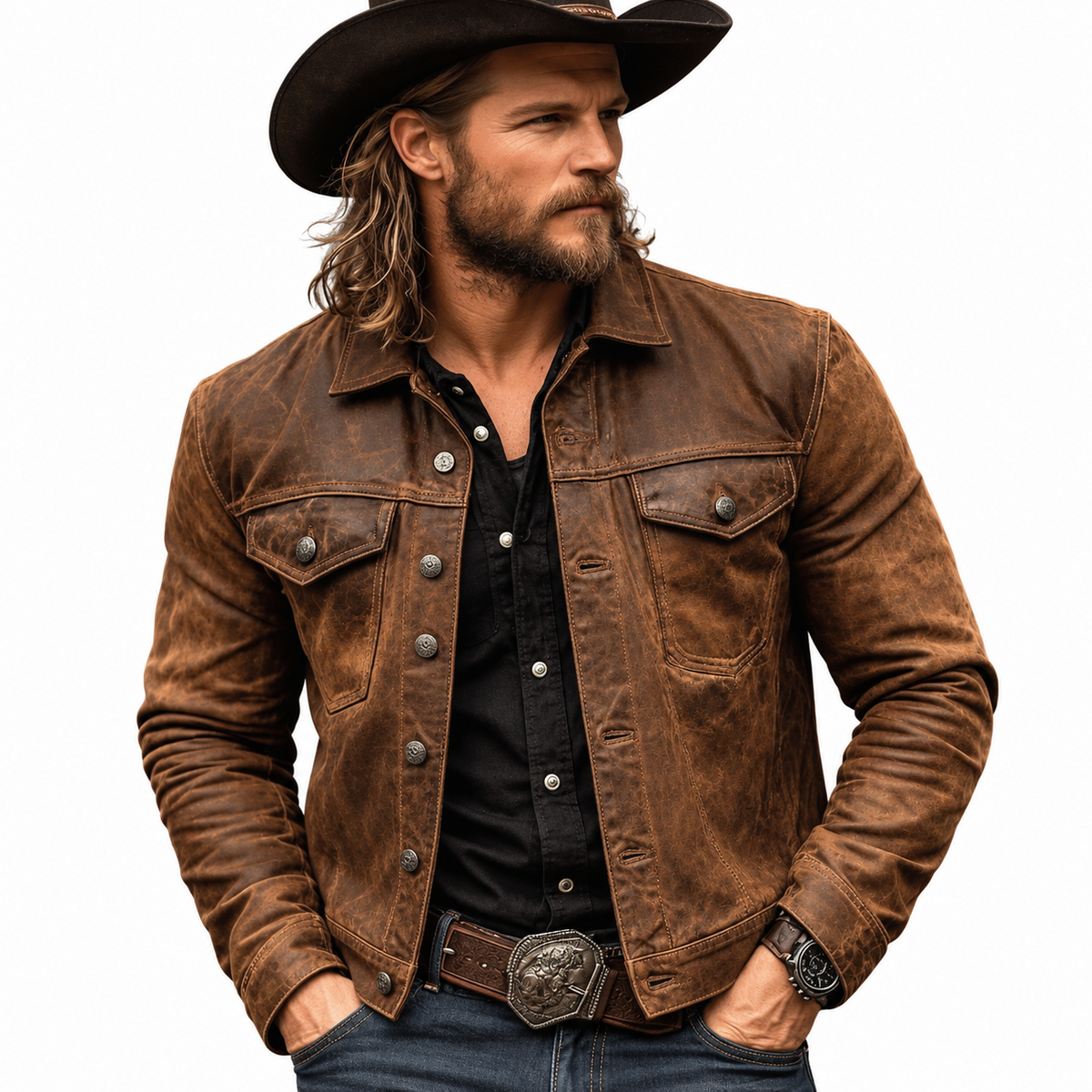 Men’s distressed brown leather trucker jacket front view with pointed collar, decorative button closure, flap chest pockets and visible seams.