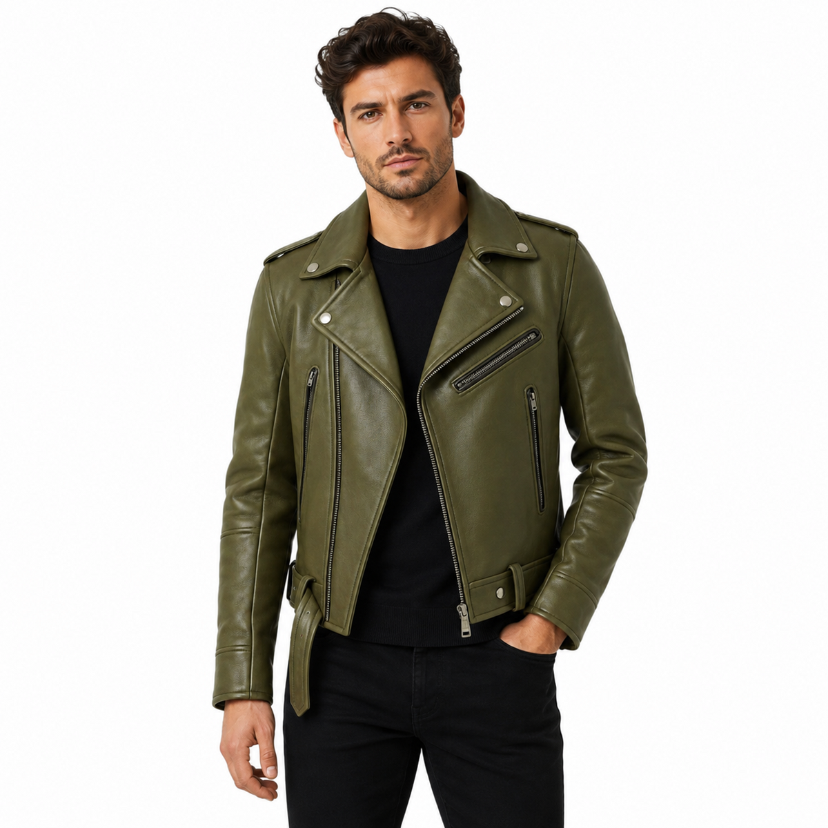 Men’s olive green leather biker jacket front view with asymmetric zipper, snap lapels, shoulder epaulettes, three zip pockets and waist belt.