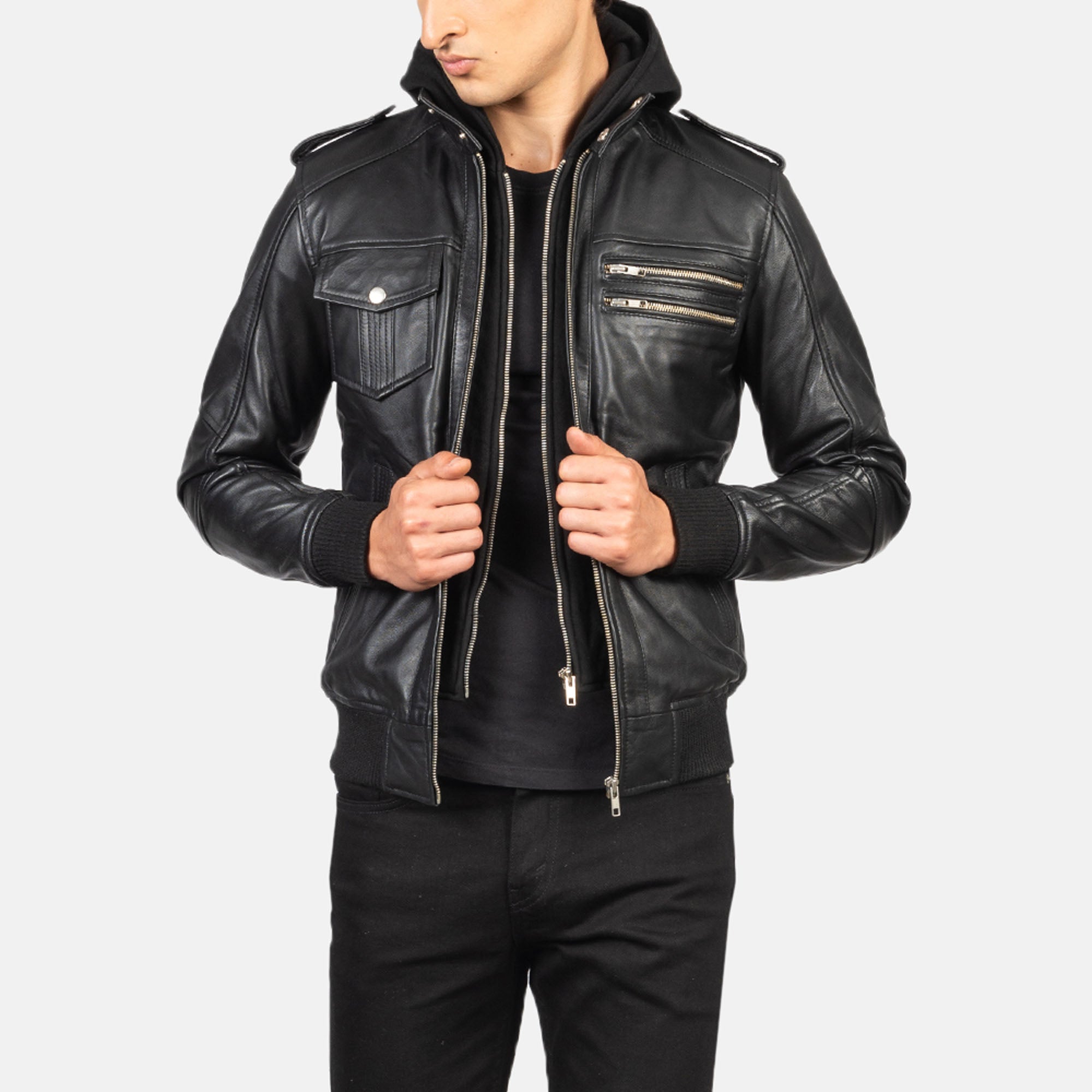 Modern black hooded leather jacket close-up details