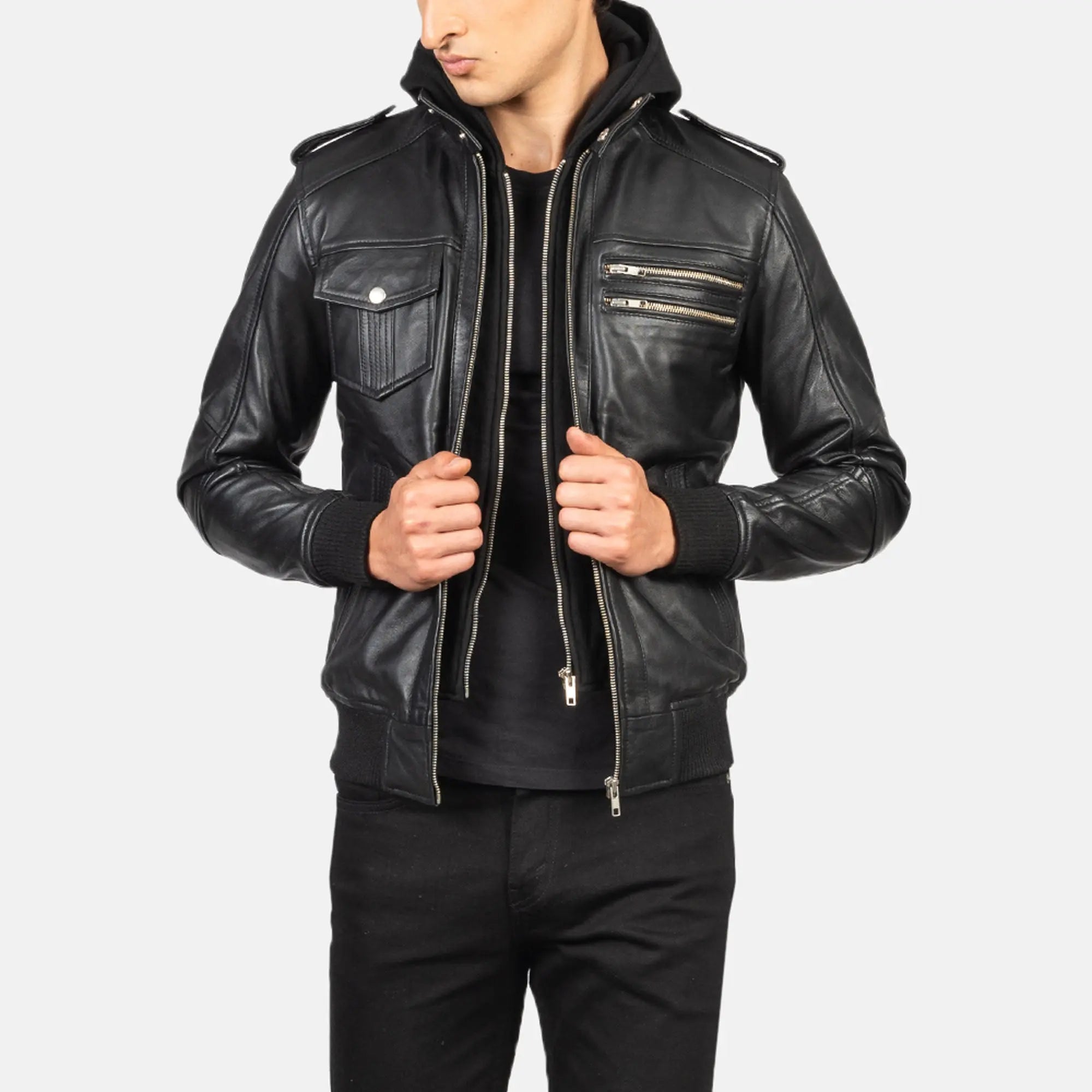 Modern black hooded leather jacket close-up details