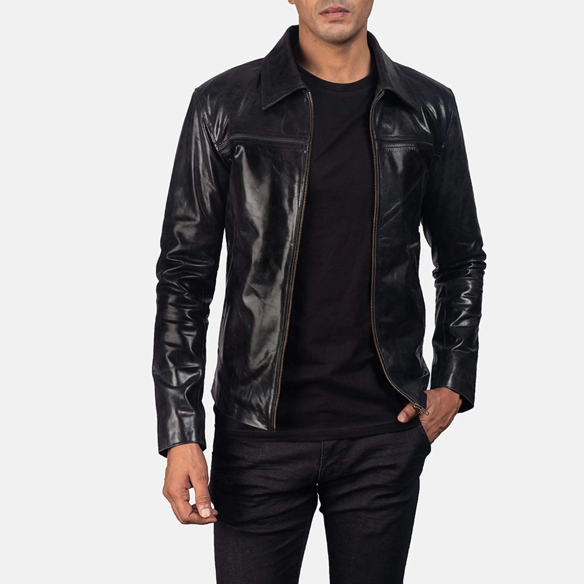 Mystical black leather jacket front view