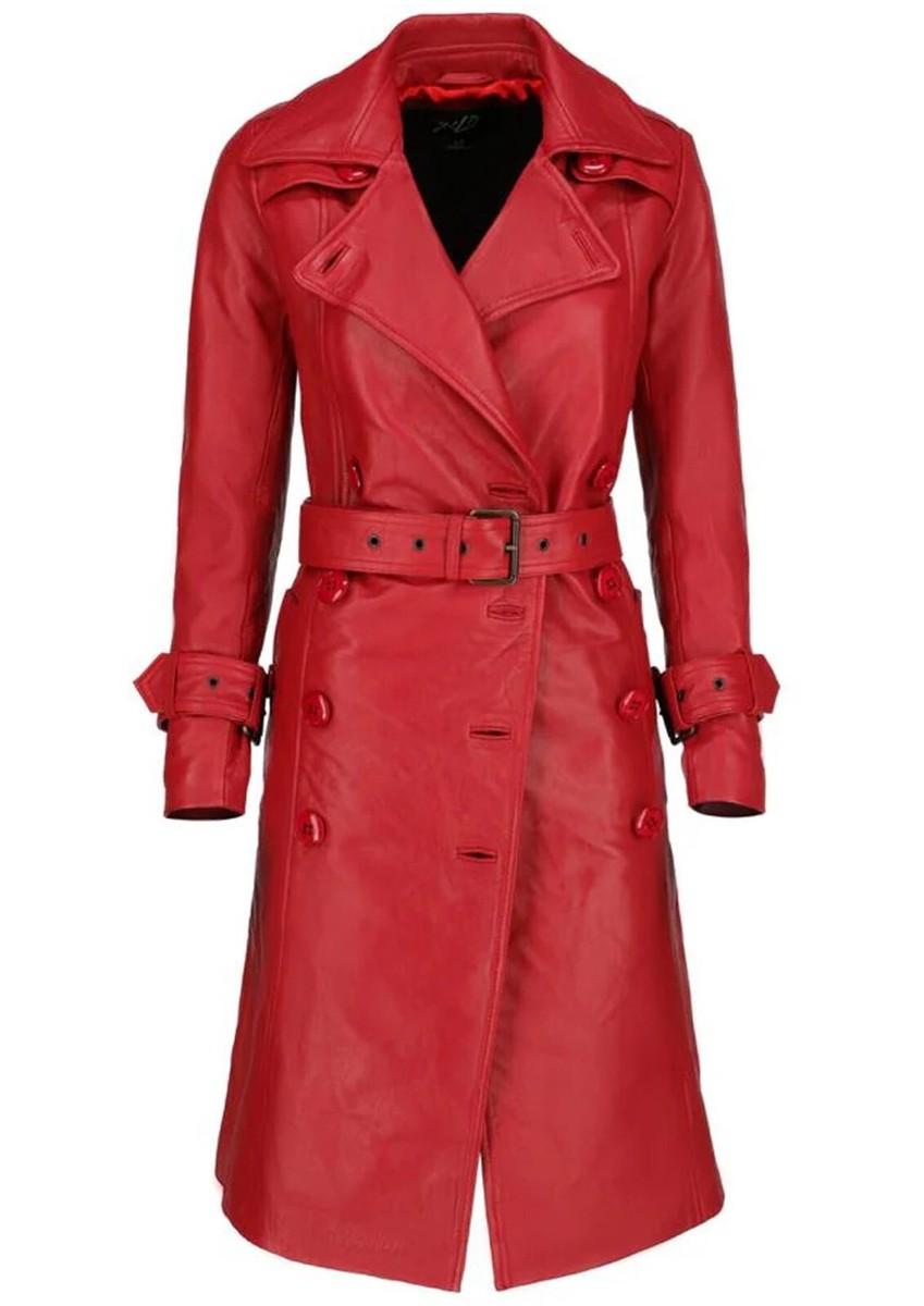 Women’s Red Leather Long Trench Coat (Double-Breasted Casual Overcoat)