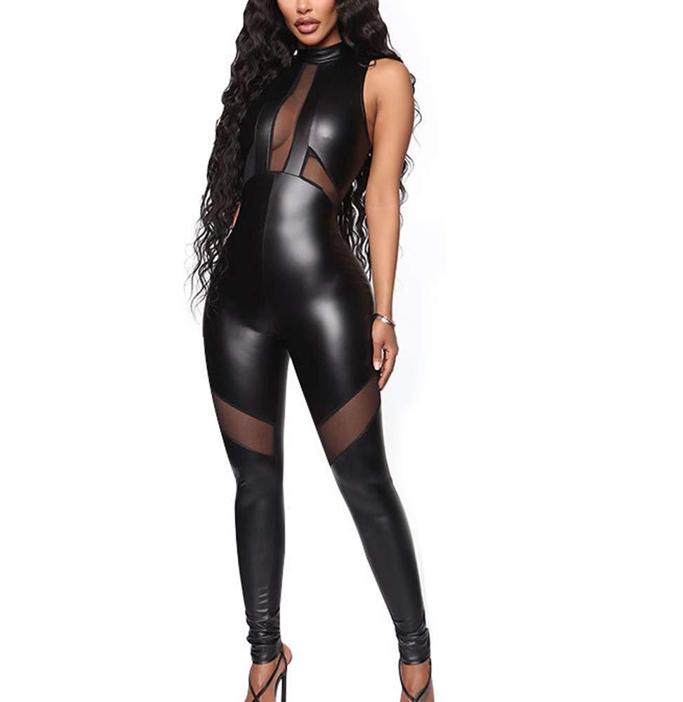 Women’s Black Real Leather Bodycon Jumpsuit (Slim Fit Fashion Catsuit Style)