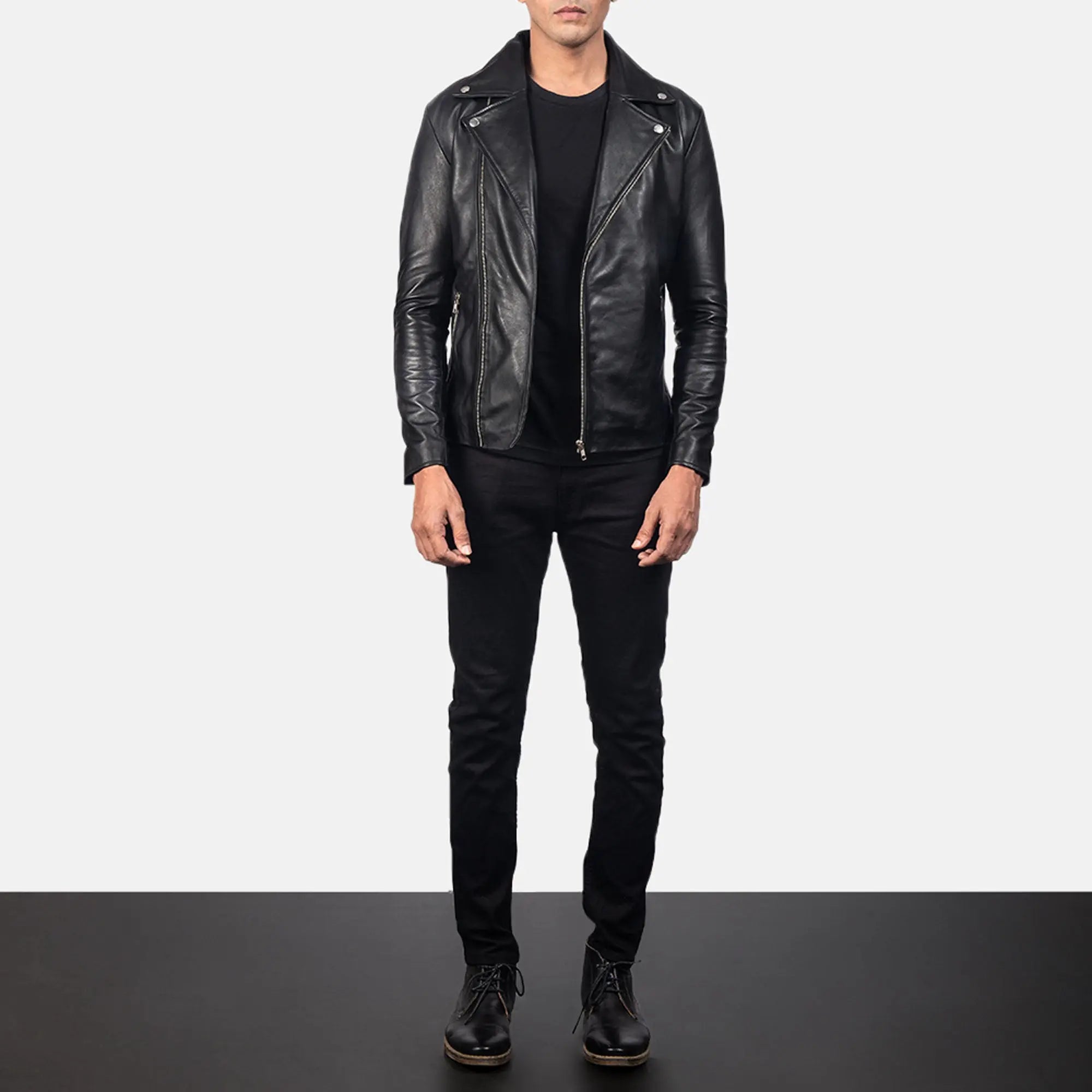 Noah black leather biker jacket front view