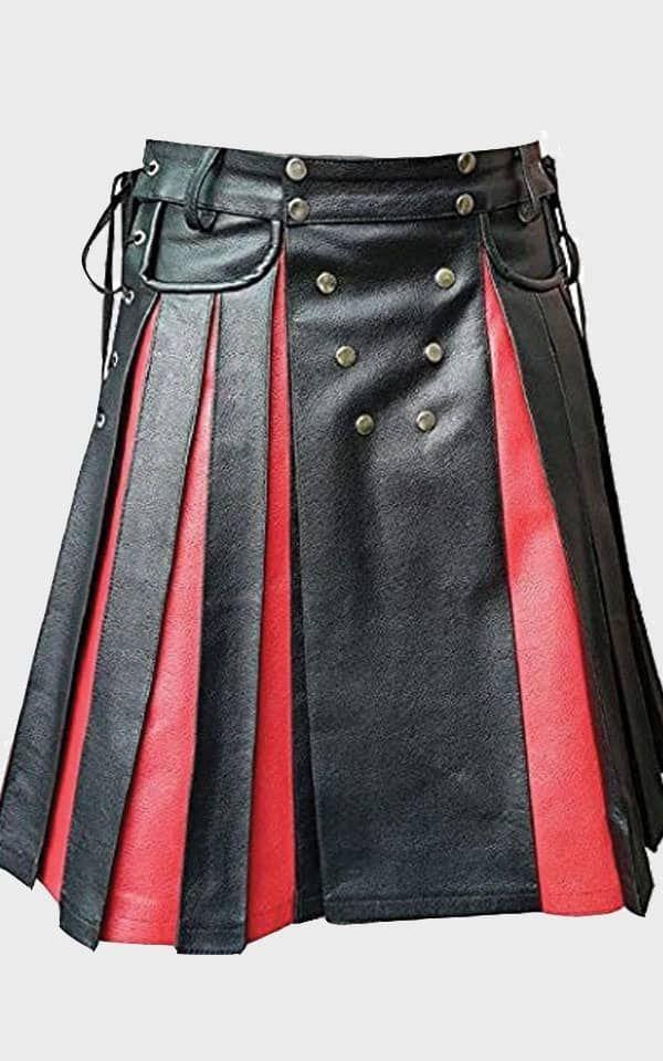 Men's Black & Red Utility Leather Gladiator Kilt - Pleated Flat Front Pocket Wrap