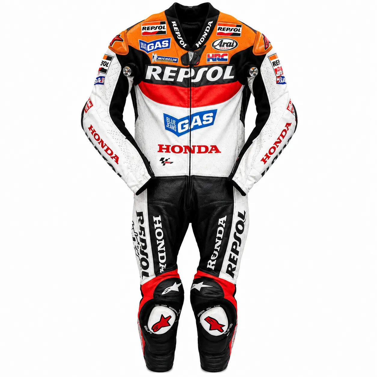 One-piece motorcycle racing suit inspired by championship MotoGP racing heritage