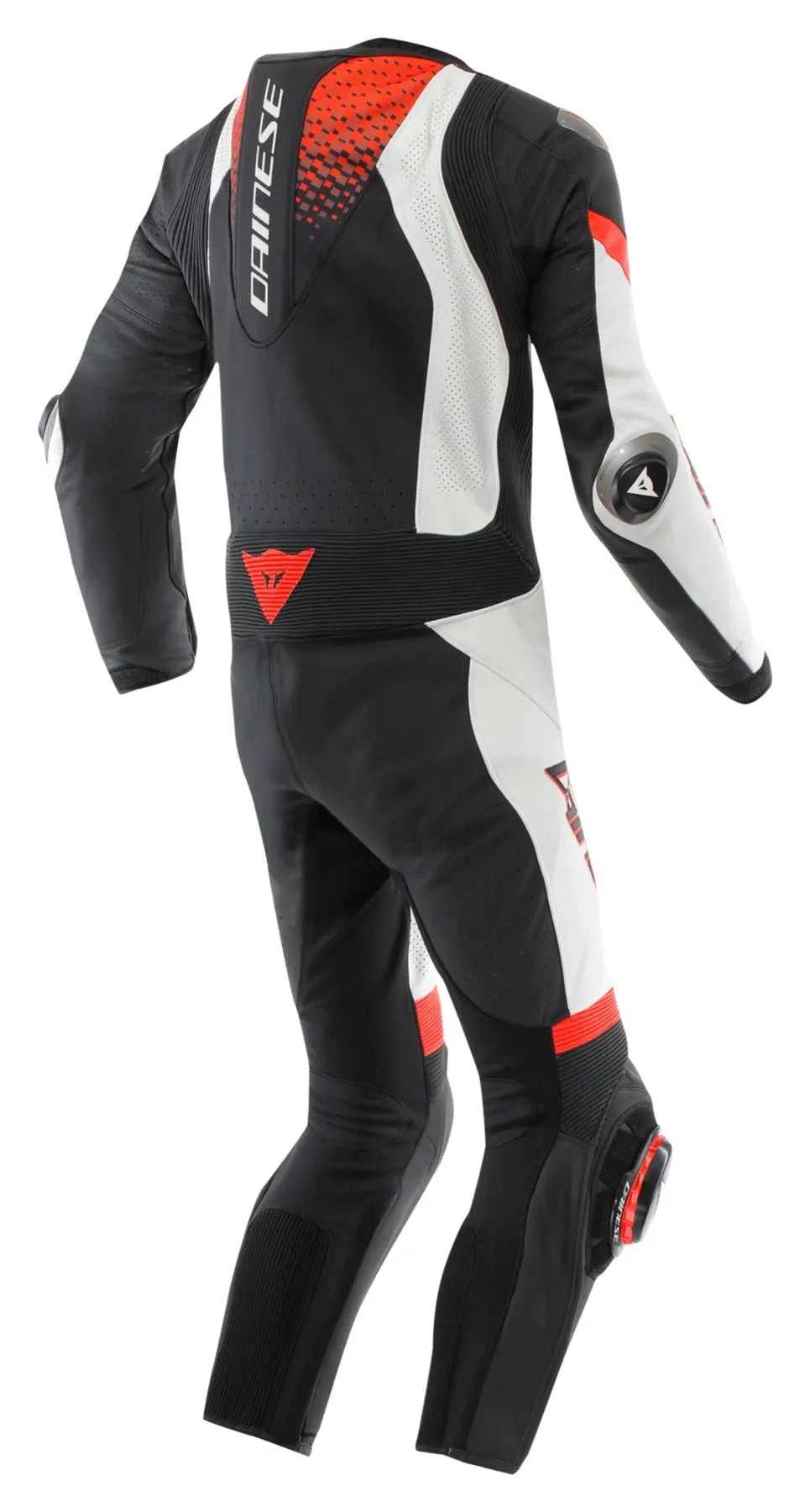 One piece Dainese motorcycle leather racing suit with breathable lining and slim ergonomic racing fit.