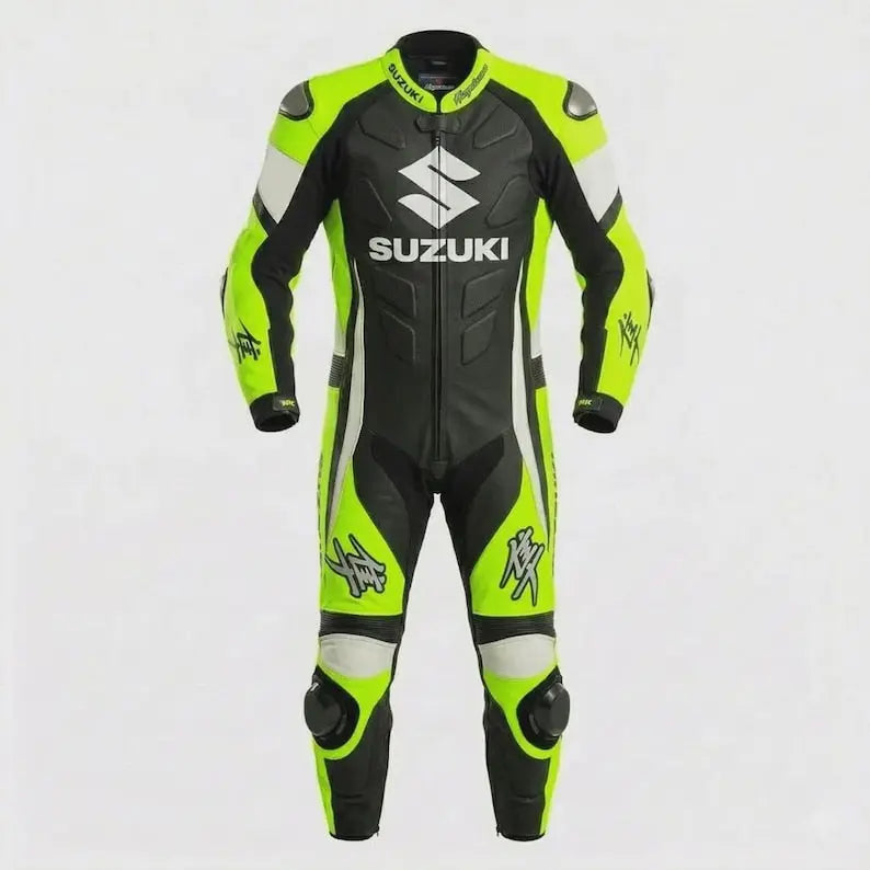 One piece Suzuki neon motorcycle leather suit with breathable lining and slim ergonomic racing fit