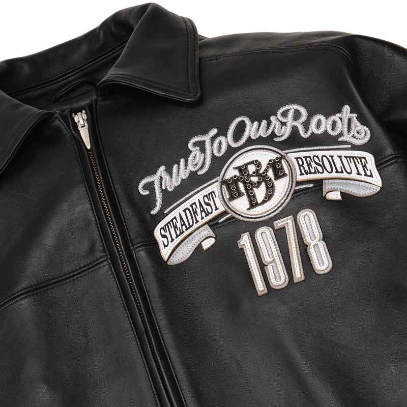 True To Our Roots Black Leather Jacket, side view