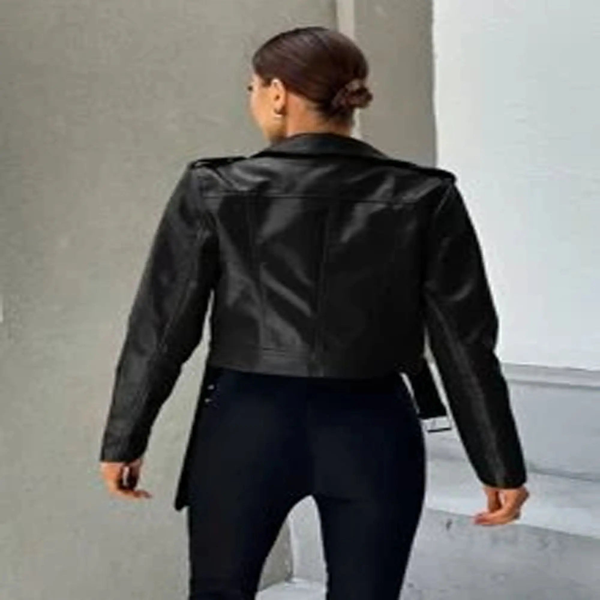 PU leather moto jacket women back view belted stylish HD 01