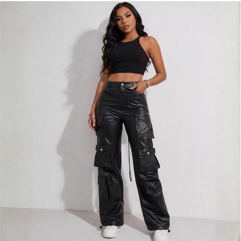Women’s Real Leather Cargo Pants (Skinny Biker 6-Pocket Slim Fit Leggings)