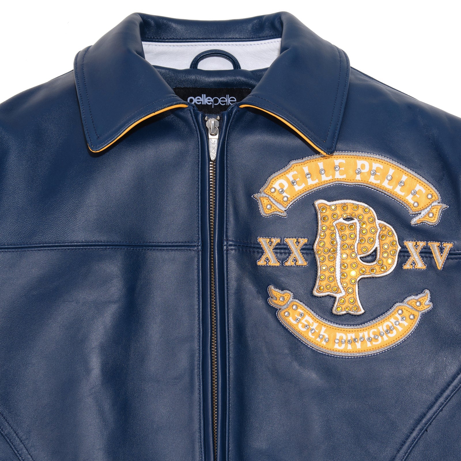 Pelle Pelle Panther Varsity Jacket for Men – Premium Cowhide Leather in Navy & Yellow with Embroidered Patchwork