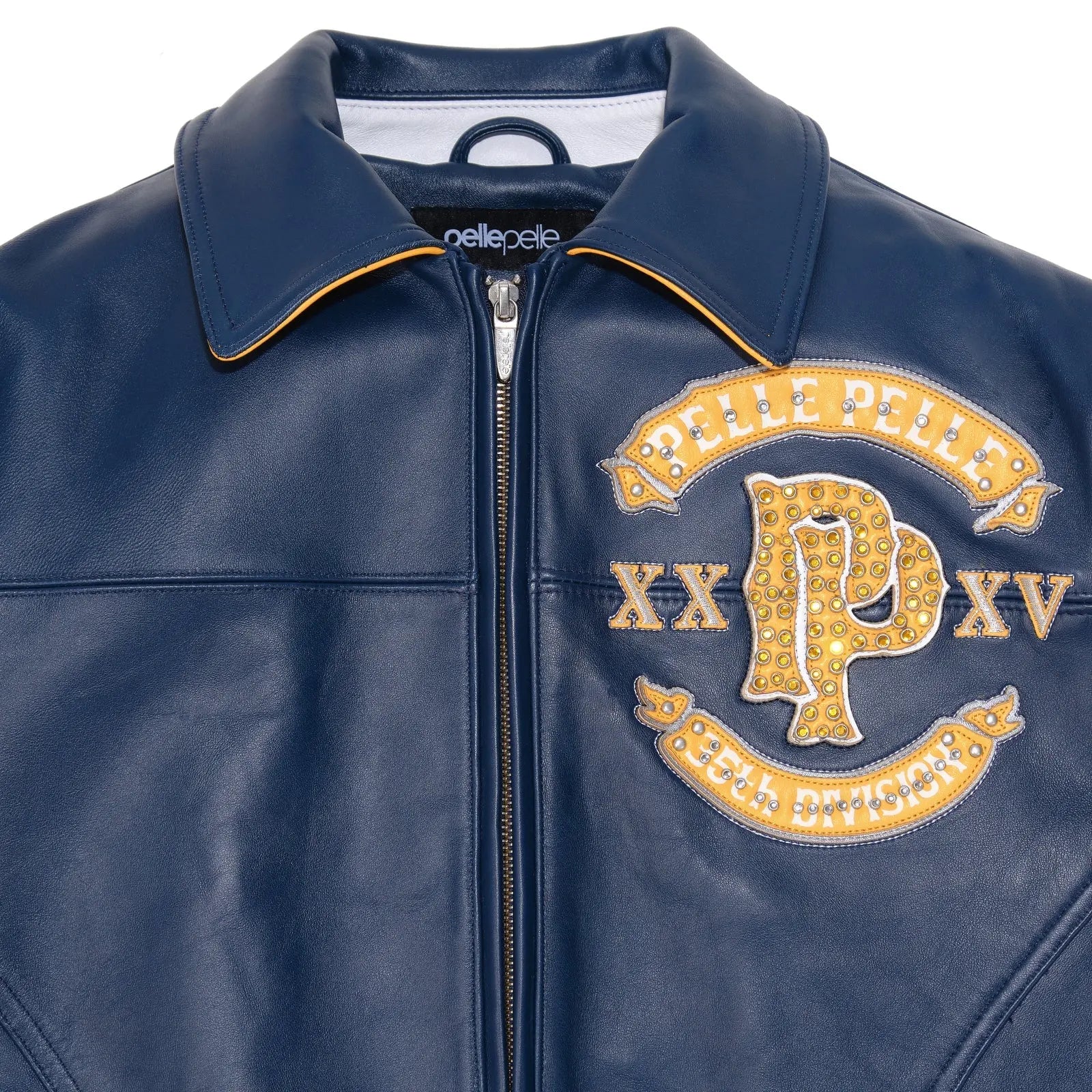 Pelle Pelle Panther Varsity Jacket for Men – Premium Cowhide Leather in Navy & Yellow with Embroidered Patchwork - Leather taboo