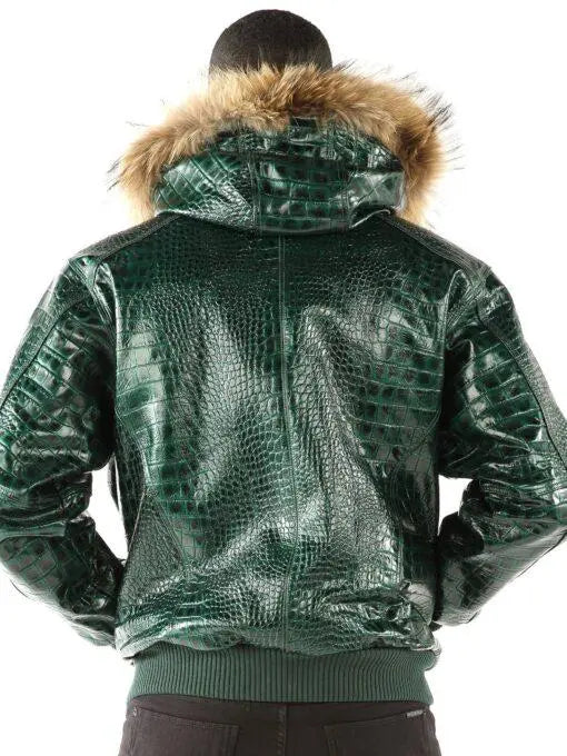 Menโs Pelle Pelle Green Croc Embossed Cowhide Leather Jacket with Fur Collar