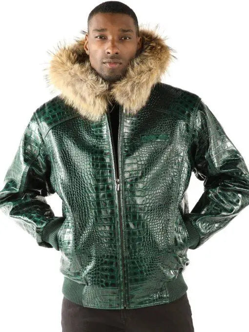 Menโs Pelle Pelle Green Croc Embossed Cowhide Leather Jacket with Fur Collarleathertaboo.com