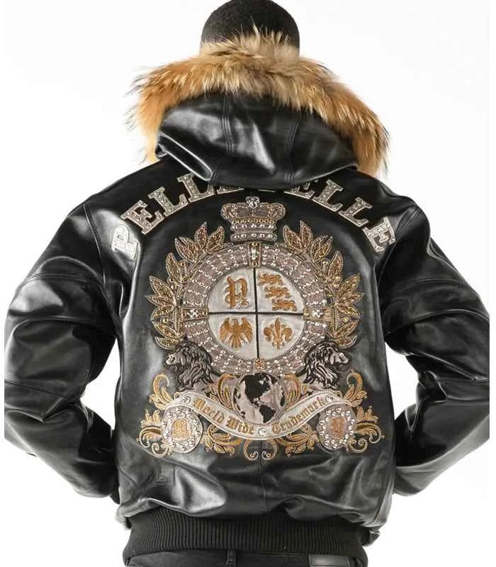 Pelle Pelle MenBlack Crest Fur Hooded Leather Jacket