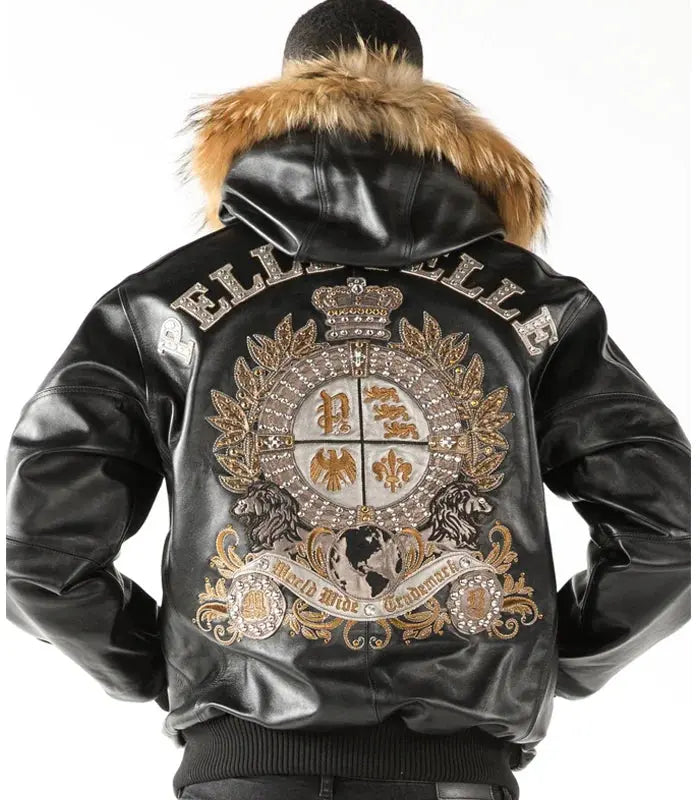 Pelle Pelle Men's Black Crest Fur Hooded Leather Jacket