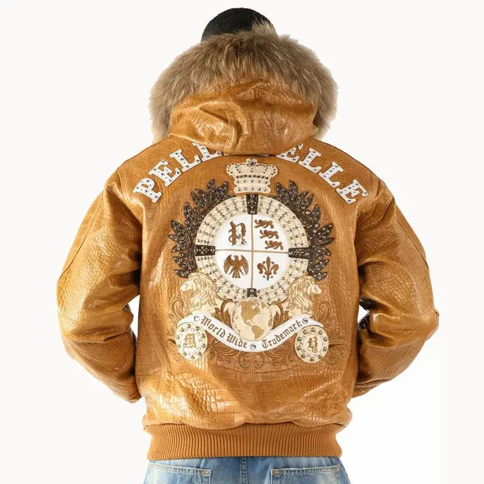 Pelle Pelle Men's Brown Crest Fur Hooded Leather Jacket