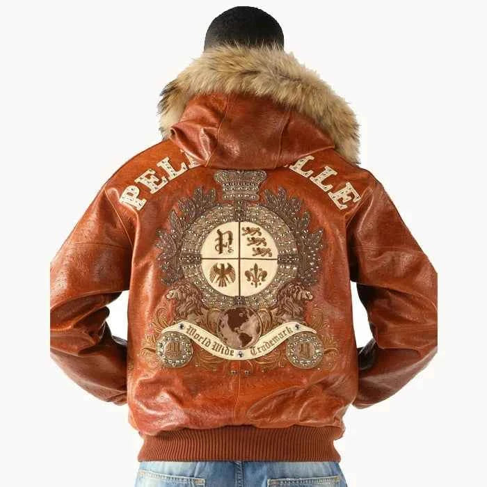 Pelle Pelle Men Dark Brown Crest Fur Hooded Leather Jacket