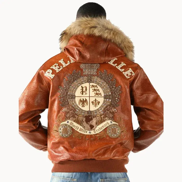 Pelle Pelle Men's Dark Brown Crest Fur Hooded Leather Jacket