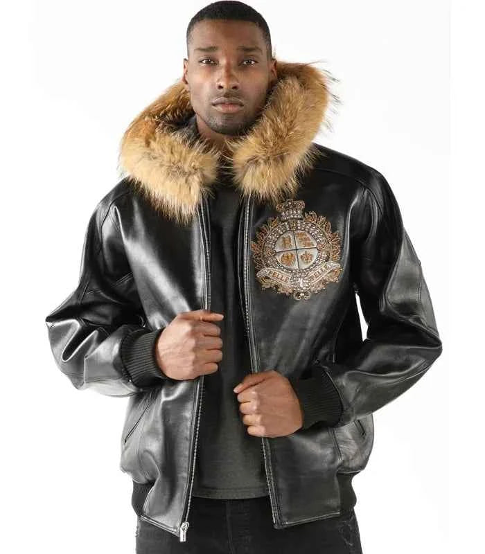 Pelle Pelle MenBlack Crest Fur Hooded Leather Jacket