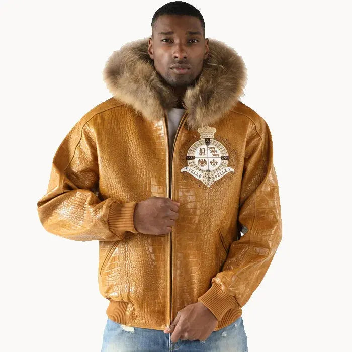 Pelle Pelle Men's Brown Crest Fur Hooded Leather Jacket
