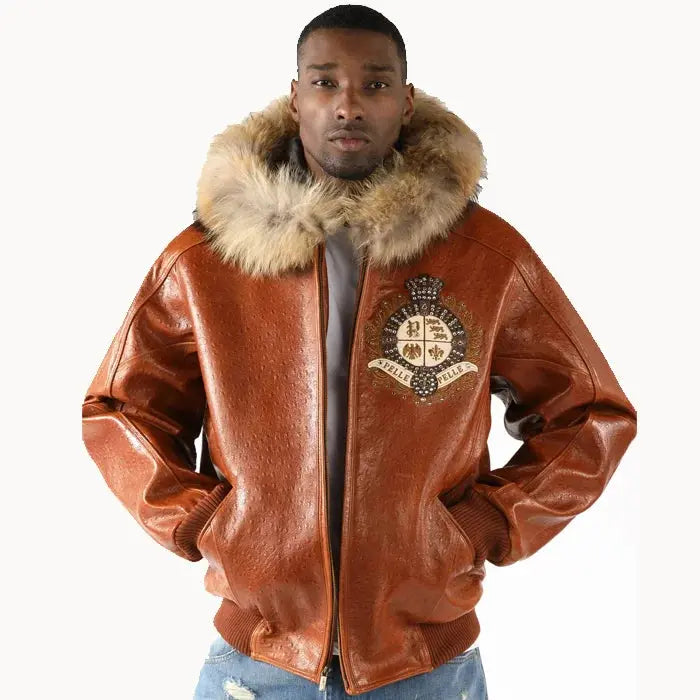 Pelle Pelle Men's Dark Brown Crest Fur Hooded Leather Jacket