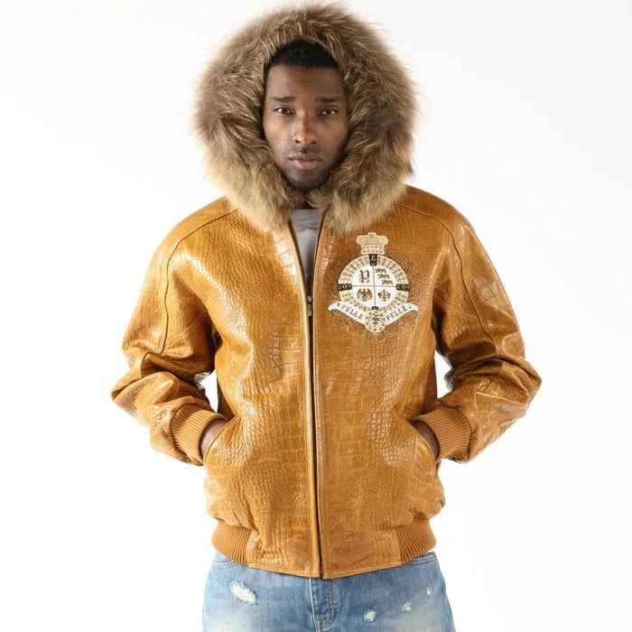 Pelle Pelle Men Brown Crest Fur Hooded Leather Jacket