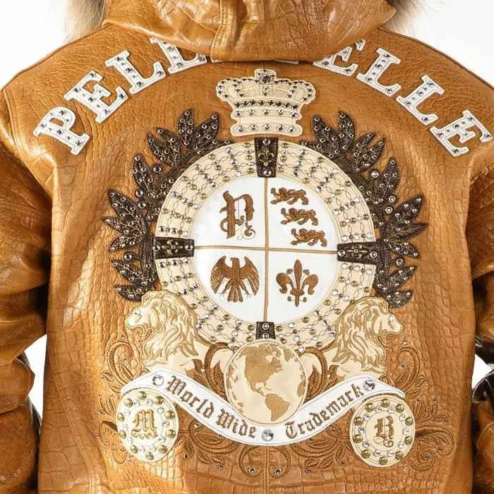 Pelle Pelle Men Brown Crest Fur Hooded Leather Jacket