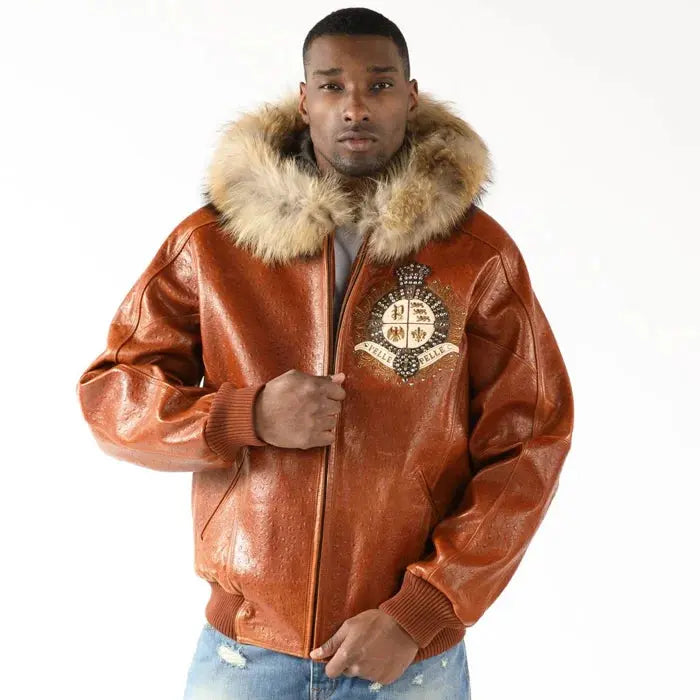 Pelle Pelle Men's Dark Brown Crest Fur Hooded Leather Jacket