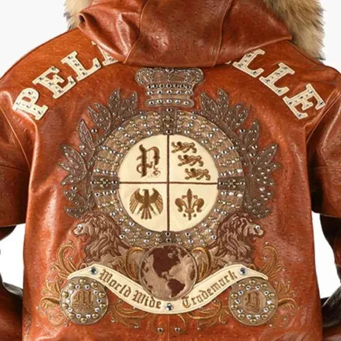 Pelle Pelle Men Dark Brown Crest Fur Hooded Leather Jacket