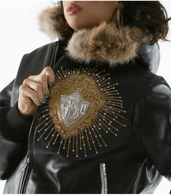 Pelle Pelle Platinum and Diamonds Fur Hooded Black Plush Leather Jacket