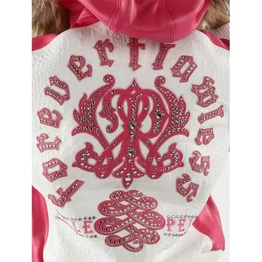 Pelle Pelle Women's White Pink Leather Jacket With Fur Hood