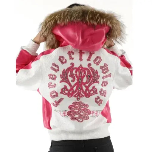 Pelle Pelle Women's White Pink Leather Jacket With Fur Hood