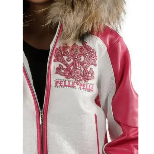 Pelle Pelle Women's White Pink Leather Jacket With Fur Hood