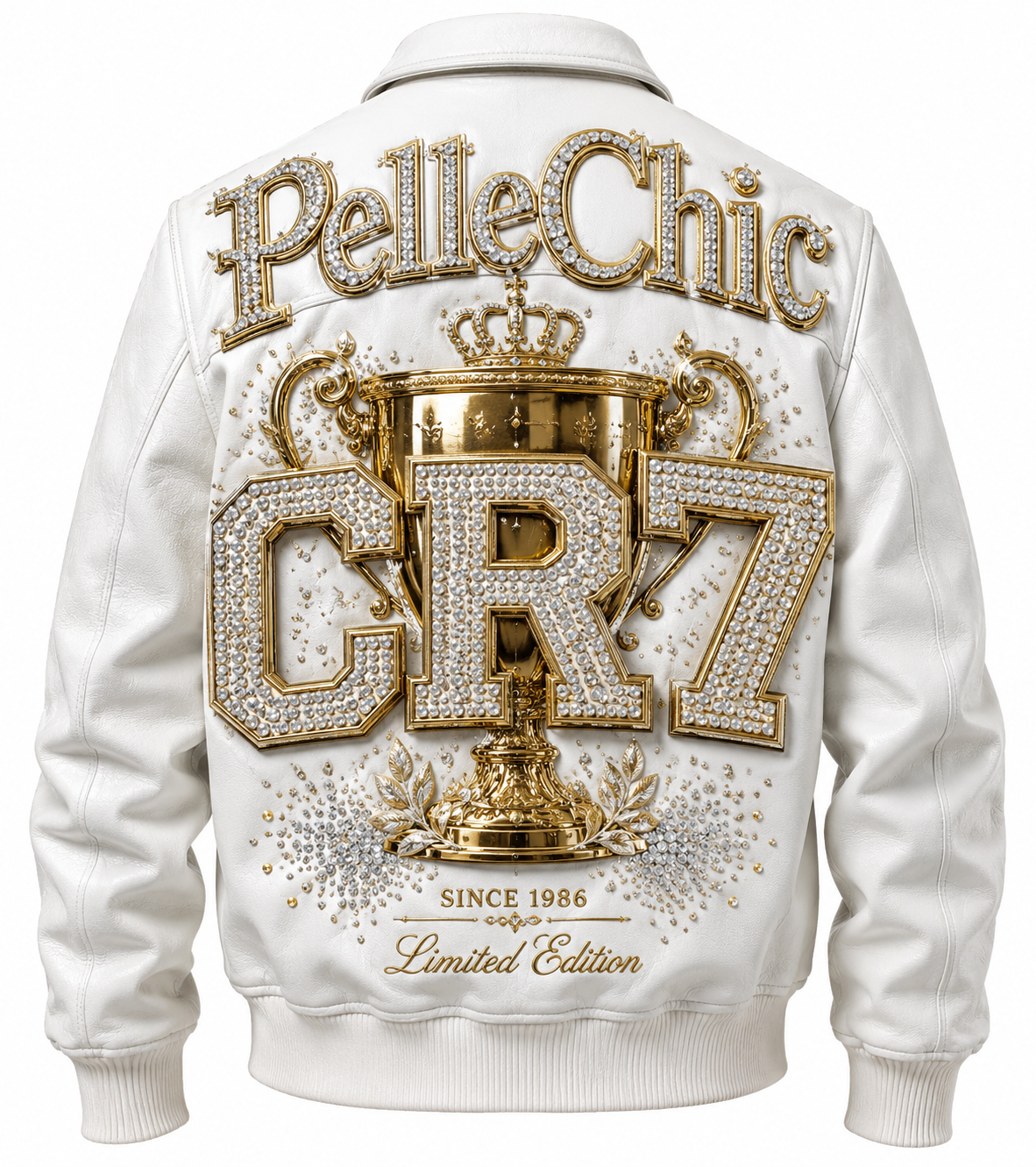 CR7 white leather bomber jacket front view with gold embroidery, crystal details, and trophy sleeve artwork