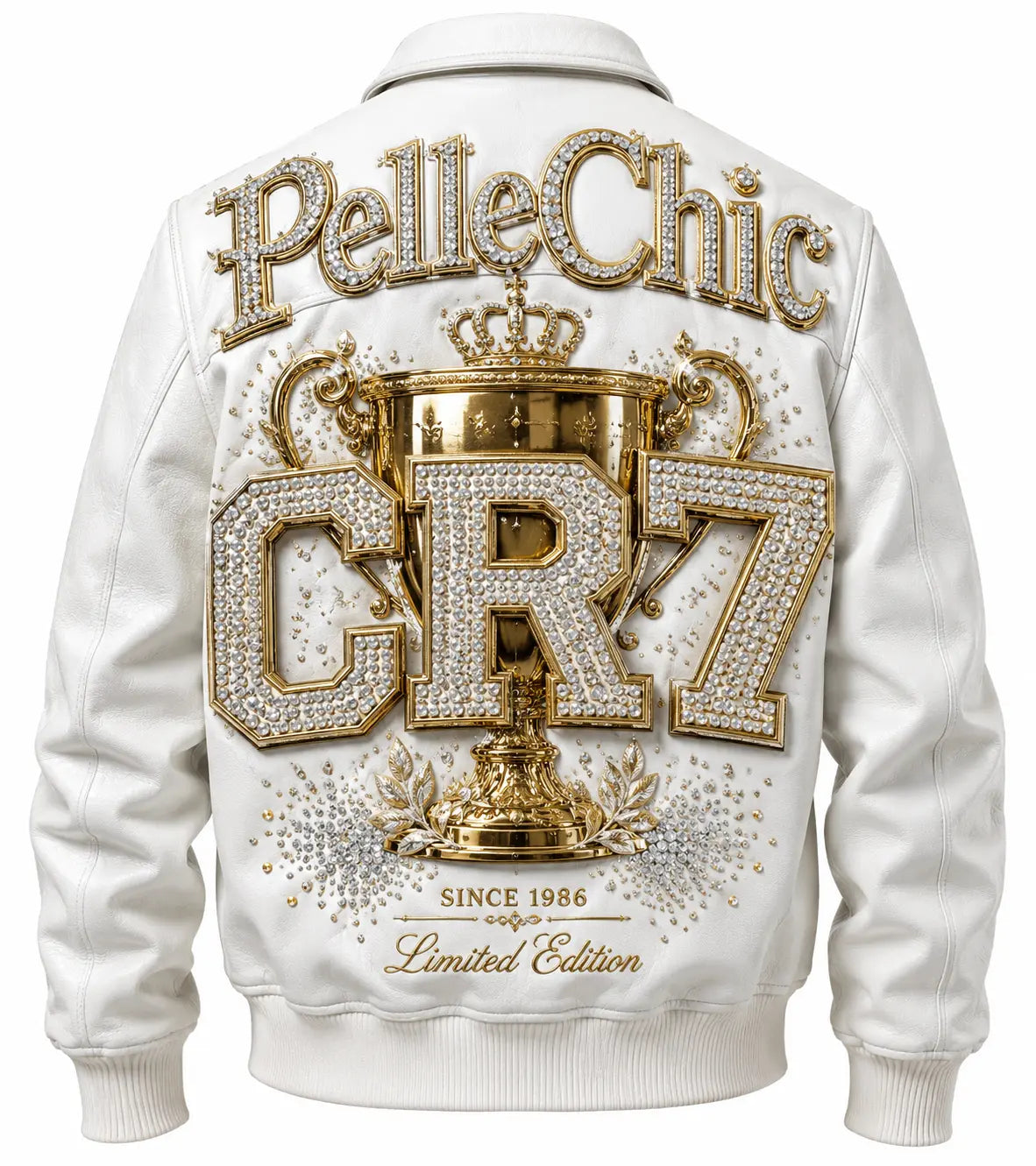 CR7 white leather bomber jacket front view with gold embroidery, crystal details, and trophy sleeve artwork